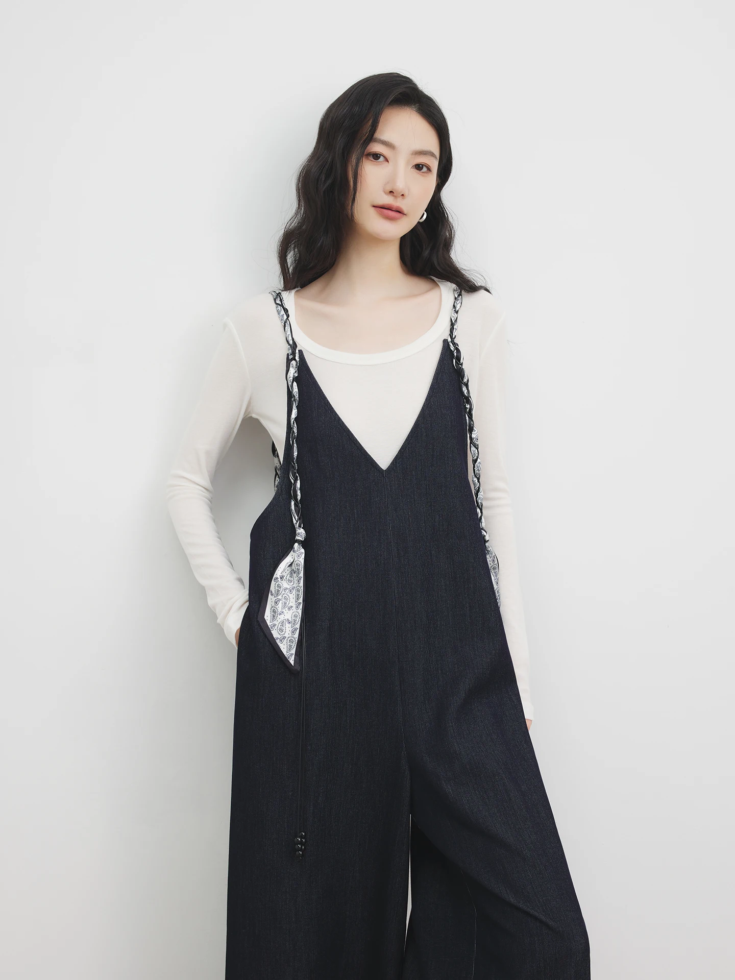 

Deep Blue Annata Ribbon Decorated Wide Leg Pants Women's Overall Jeans Pants High Waist Straight Tube ket Detail Casual Tr...