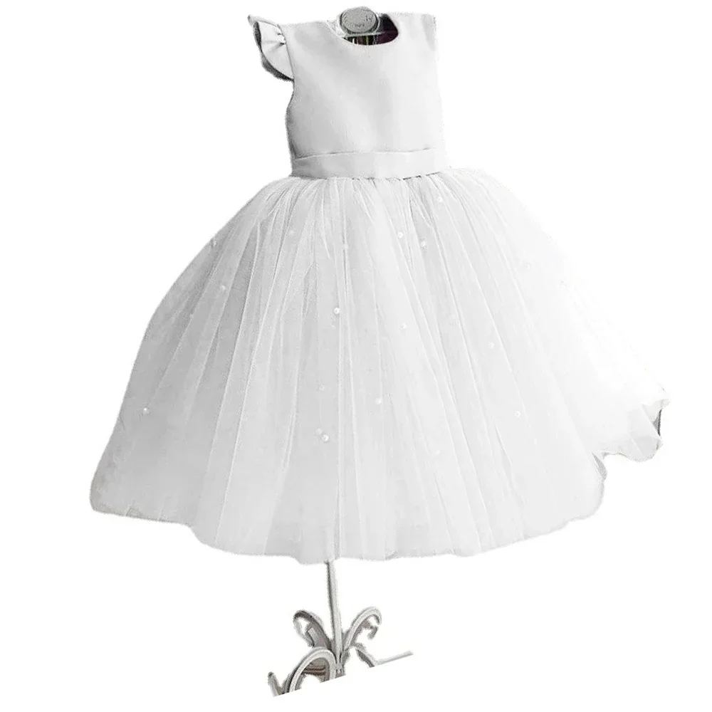 Vestido de flor para crianças pequenas, vestido de casamento infantil, desempenho de malha simples, saia fofa de comprimento médio