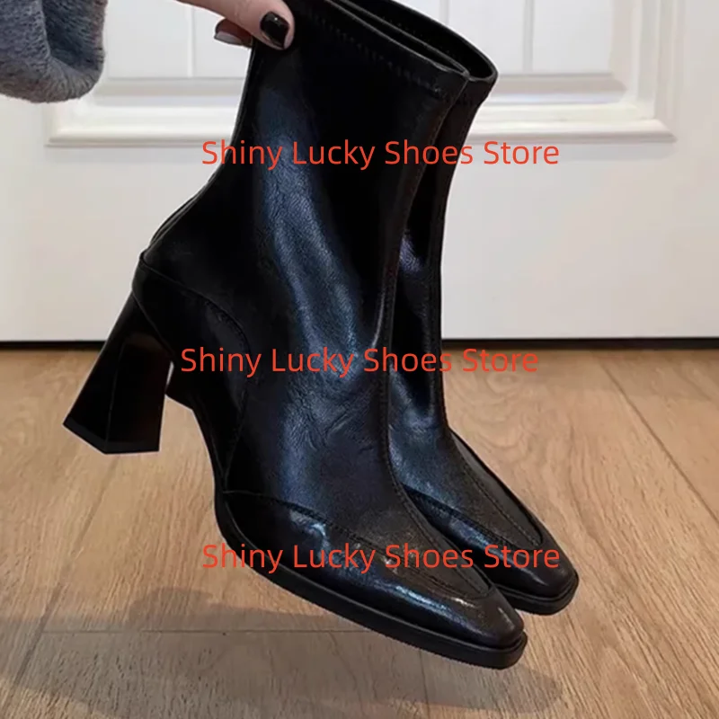Zapatos plisados para mujer con punta cuadrada, tacones gruesos, costuras, botines cortos de mujer, calzado sólido