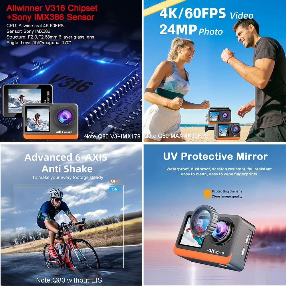 2" Touch IPS Dual Screen Action Camera 4K60FPS 24MP DVR Wi-Fi 170D EIS Optional Filter 1080P Webcam Sport Underwater 30M Camera