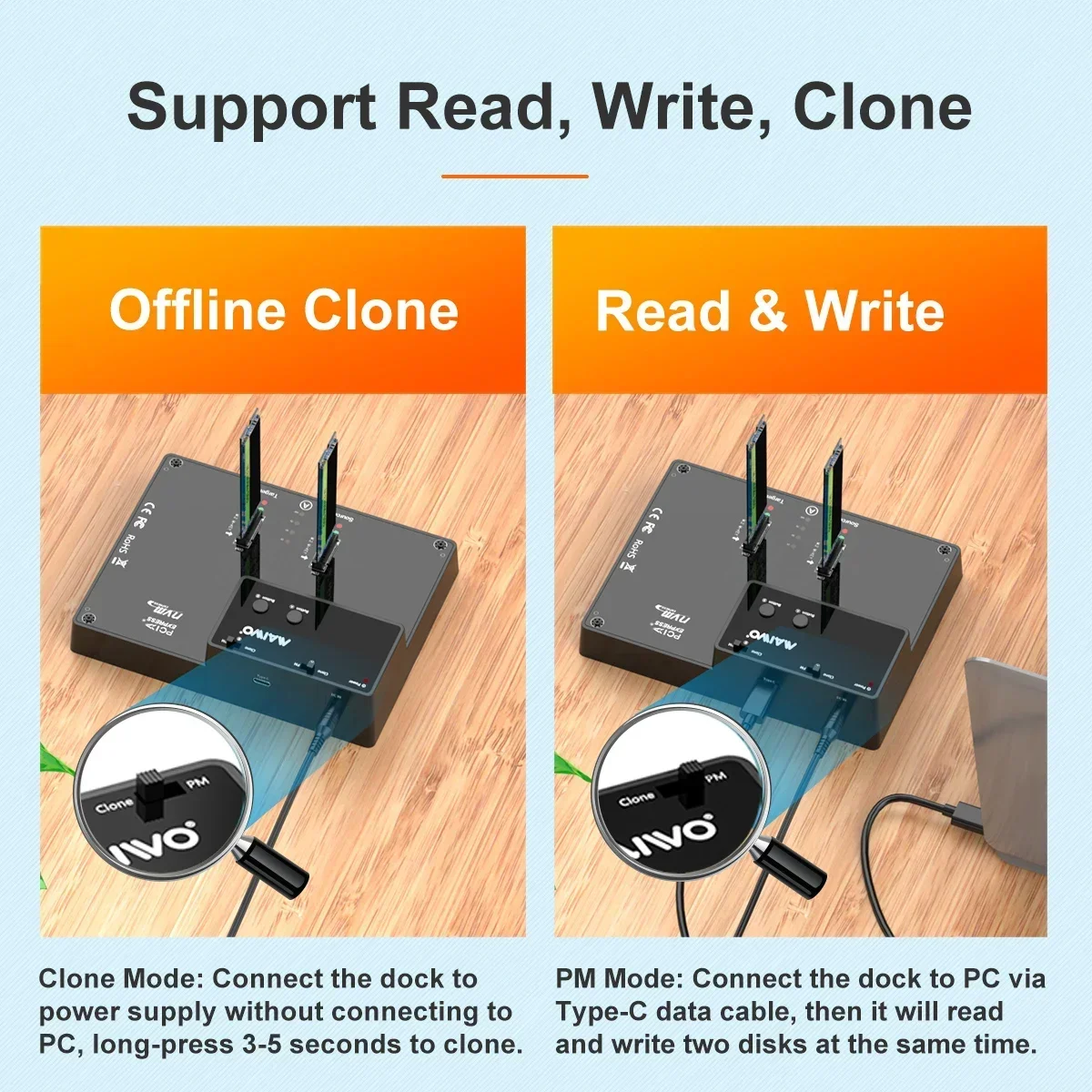 MAIWO 2 Bay M.2 NVME alat Dok, gratis perangkat tipe-c untuk NVME SSD dengan klon duplikator Offline dan klona Disk sistem