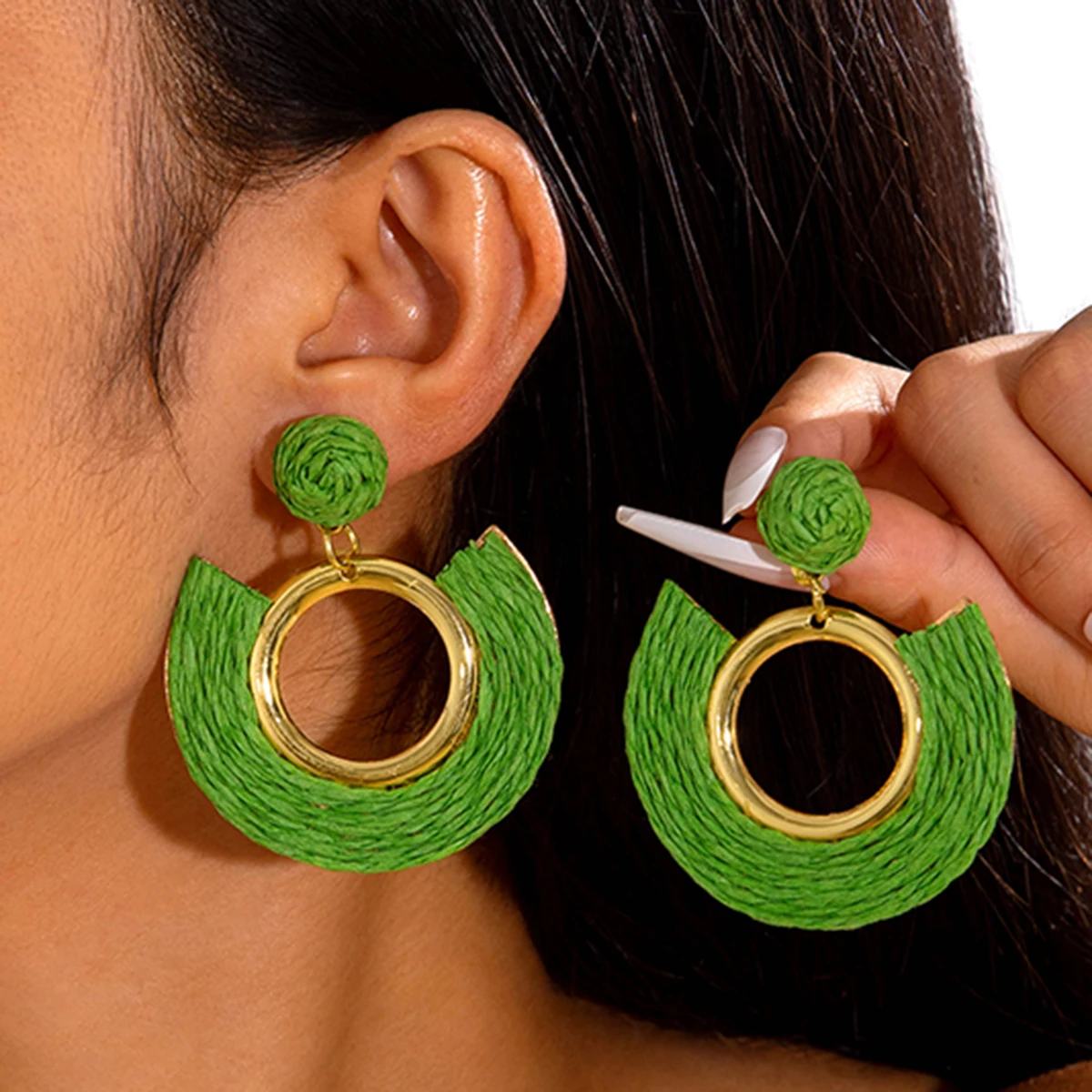 Tocona Retro Green Lafite Grass Earrings Geometric Hollow Pendant for Women's Daily Vacation Exquisite Jewelry Accessories