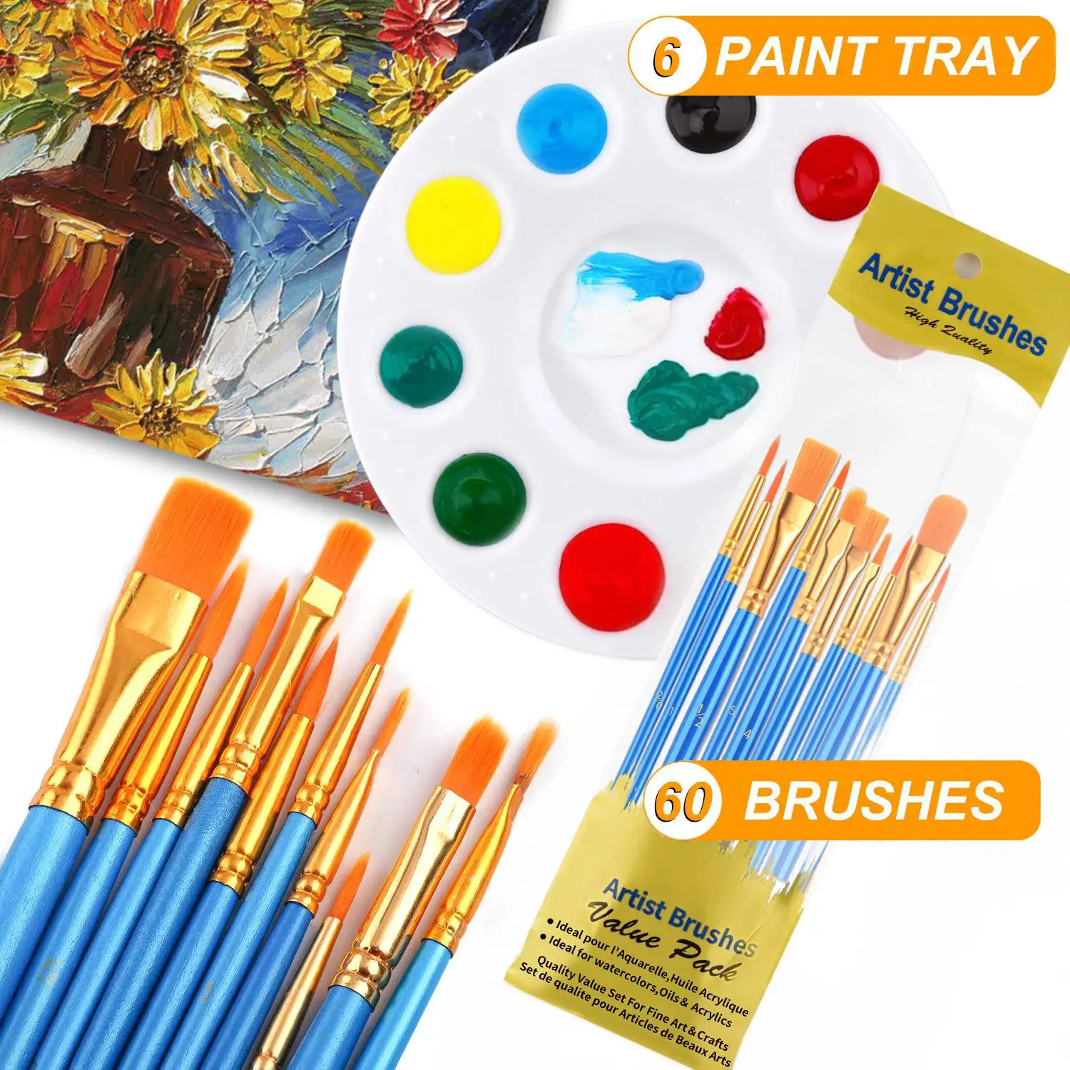 

66PCS High-Quality Art Painting Set, 60 Watercolor Gouache Oil Nylon Hair Artist Paint Brushes And 6 Paint Tray