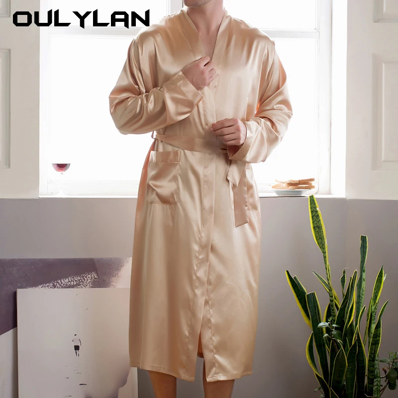 Bathrobe Men Summer Cardigan Imitation Silk Solid Robe Pajamas Comfortable Men's Home Wear Dressing Gown Sleepwear