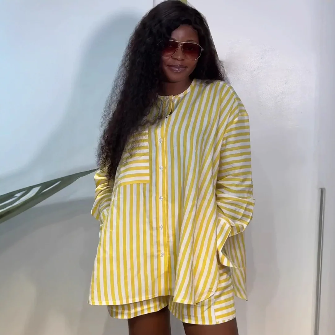 

Women Shorts Pant Set Two Piece Sets Striped Matching Sets Full Sleeve Tops Short Pants High Waist Y2k Streetwear Casual Loose