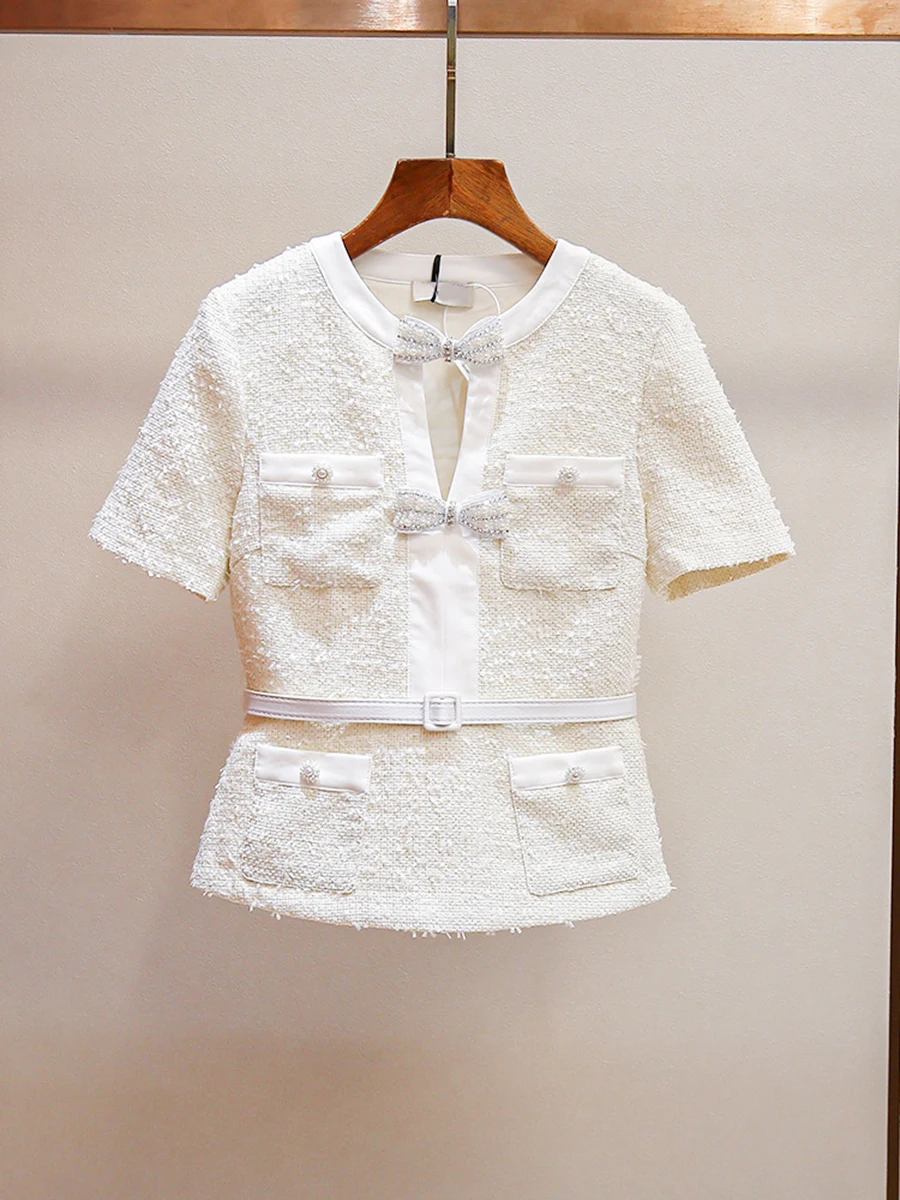 VGH French Elegant Spliced Bowknot Slimming Solid Jackets For Women Round Neck Short Sleeve Elegant Coat Female Fashion Style