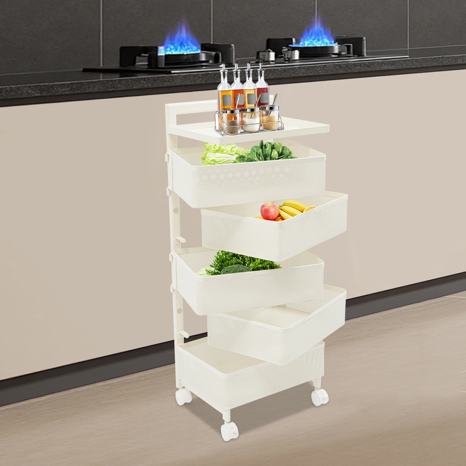 White Carbon Steel 13.78x10.31x34.45 Inch Five-story Revolving Kitchen Rack Storage Basket Multifunctional Storage Storage Rack