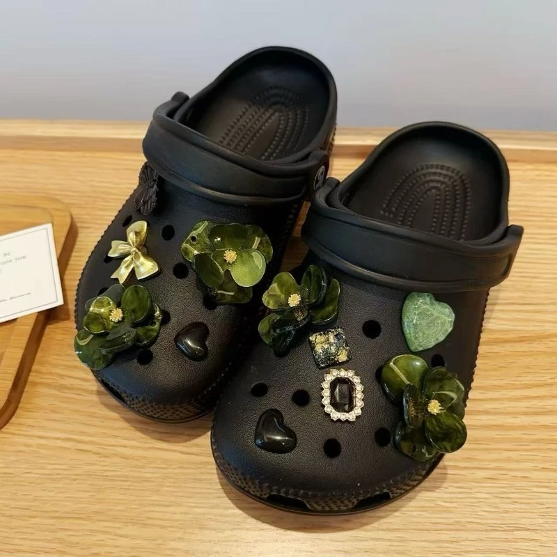 Dark-Green Flower Heart Bowknot Shoe Charms Detachable DIY Decorations for Clog Shoes
