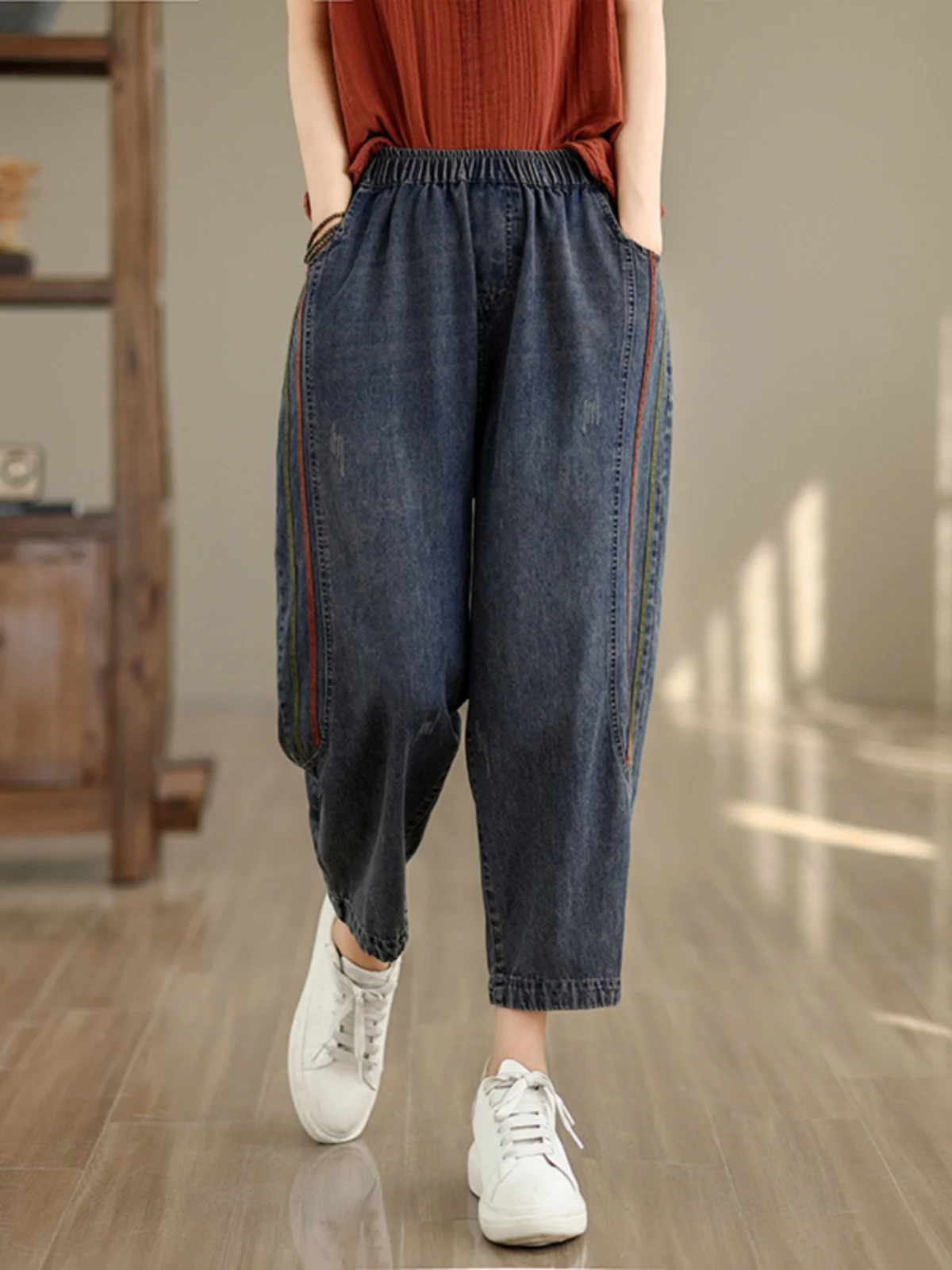 Pantaloni in denim waed retrò in cotone pieno Donna Estate Patchwork di colore Dimagrante Pantaloni Harlan larghi in nove pezzi Versatili a vita alta