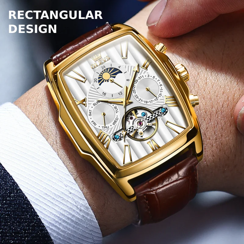 OLEVS Automatic Mechanical Watch for Men Rectangular Open Heart Dial Leather Strap Day Date Luminous Hands Water Resistant