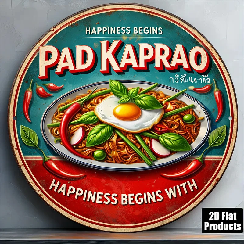 2D Metal Sign 8x8in Round Aluminum Vintage Pad Kra Pao Thai Basil Fried Rice Decor Plaque for Kitchen Restaurant Bar Gift