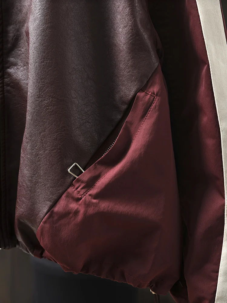 เสื้อคลุมผู้หญิงแบบสวมสบาย คอตั้ง ทรงหลวม ผ้าหนัง PU สีสันสดใส ติดซิป ยาวคลุมเข่า