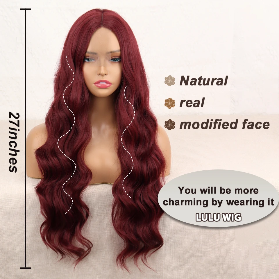 Long Burgundy Wigs Wavy Wigs for Women Synthetic Mid Section Wigs Natural Look Heat Resistant Fiber Wigs Suitable for Everyday P