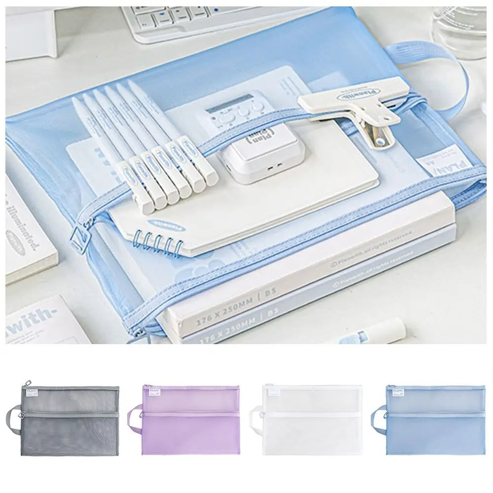 Multifunctional Mesh Zipper Pouch Solid Color Transparent File Folder Bag Large Capacity Nylon Test Paper Storage Bag