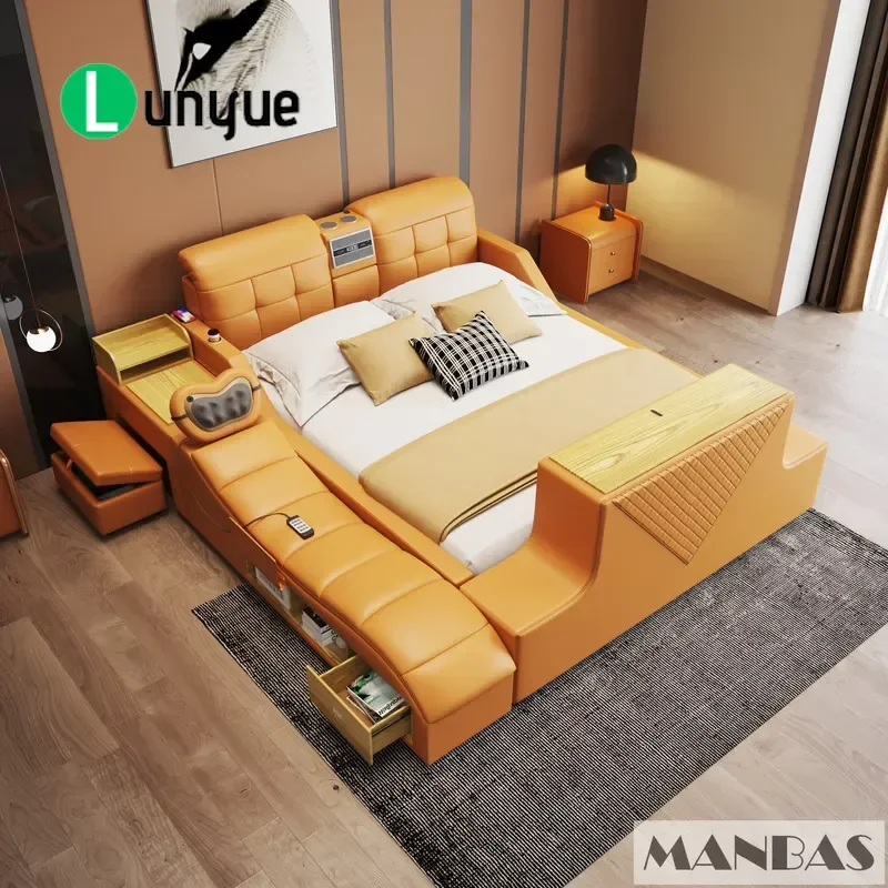 Smart Bed Frame Genuine Leather Multifunctional Reclining Massage Speaker Air Purifier Soft Modern Furniture for Bedroom Home