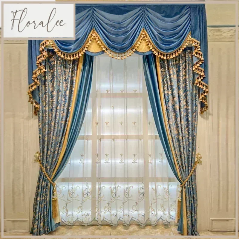 European-style Minimalist Luxury Blue Carved Printed Velvet Blackout Curtains Curtains For Living Dining Room Bedroom