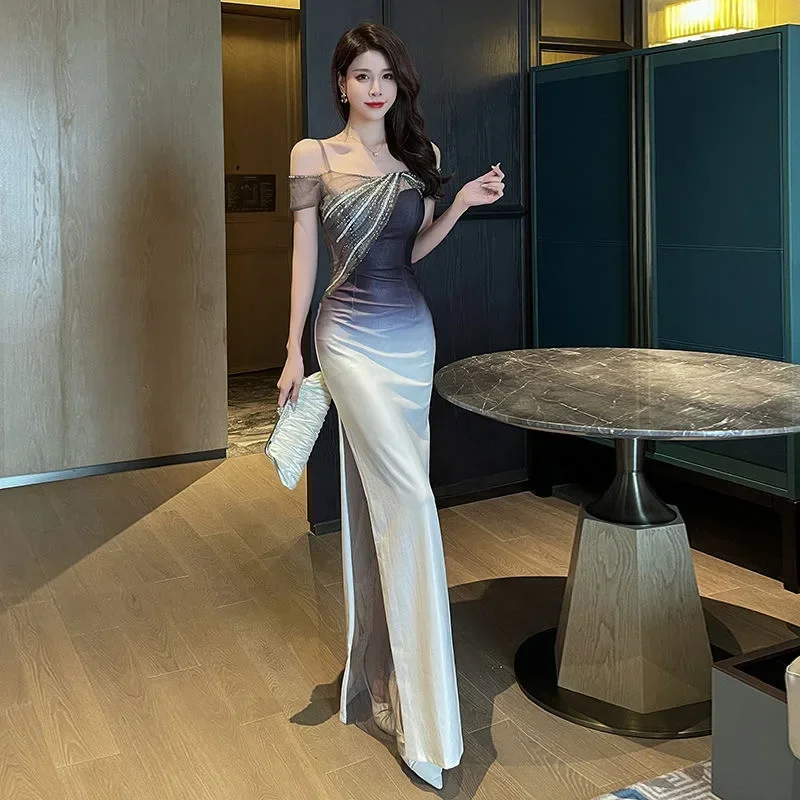 No. 65 Evening dress sexy new dress high-end one-shoulder long style temperament technician long dress gradient color