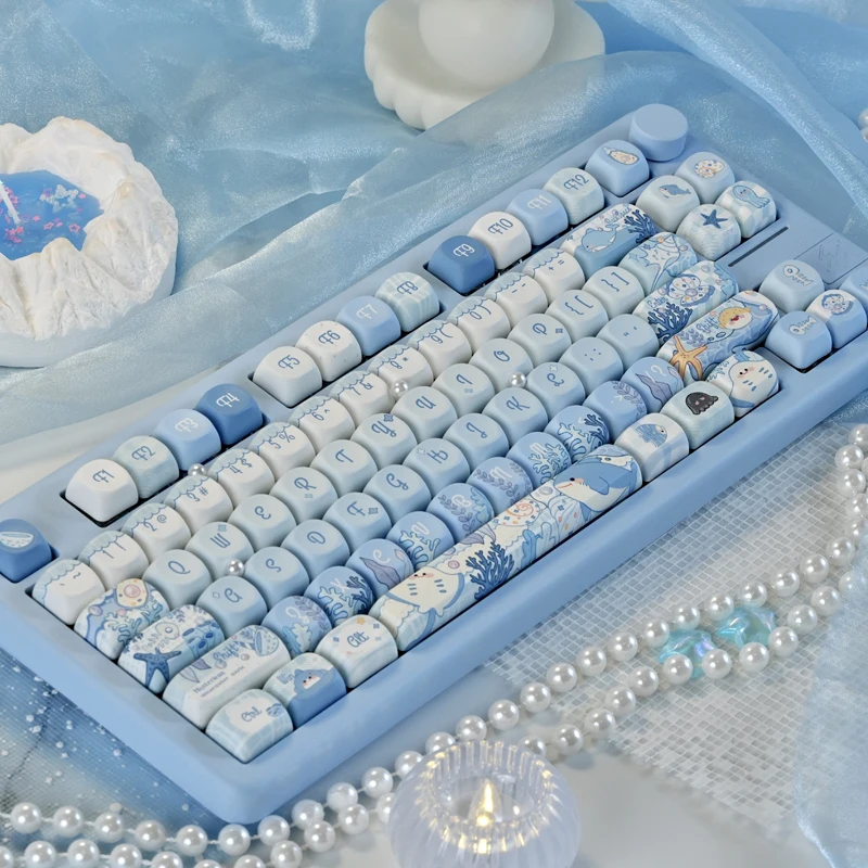 Blue Underwater World Keycaps MOA Profile PBT Sublimation Keyboard Caps Cartoon Cute Jellyfish Starfish Whale Elements Keycap