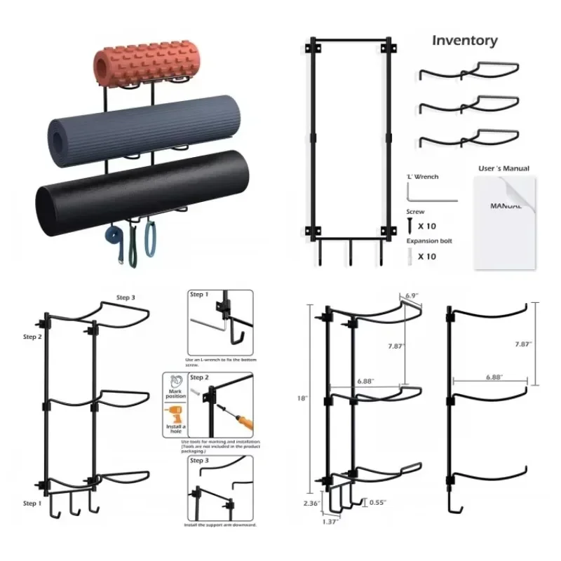 Wall Mounted Yoga Mat Storage Rack 3 Tier Foam Roller Holder Organizer Sport Equipment Storage Organizer For Home,Gym