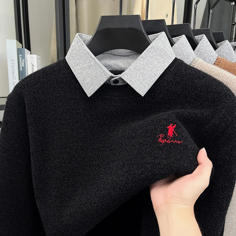 Personality fake two pieces men's sweater high-end brand luxury Paul pony embroidery new comfort casual fashion lapel pullover