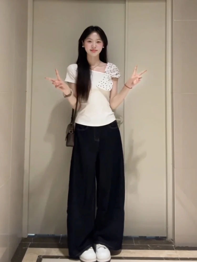 Koreanisches Sle Polka Dot Knot ort Sve Damen-T-Shirt, Sommer, schmale Passform, oulder Baring, einzigartiges kreatives Baumwoll-Top