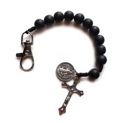 QIGO Black 10mm Glass Beads Pocket Car Rosary Bracelets For Men Women Religious Jewelry