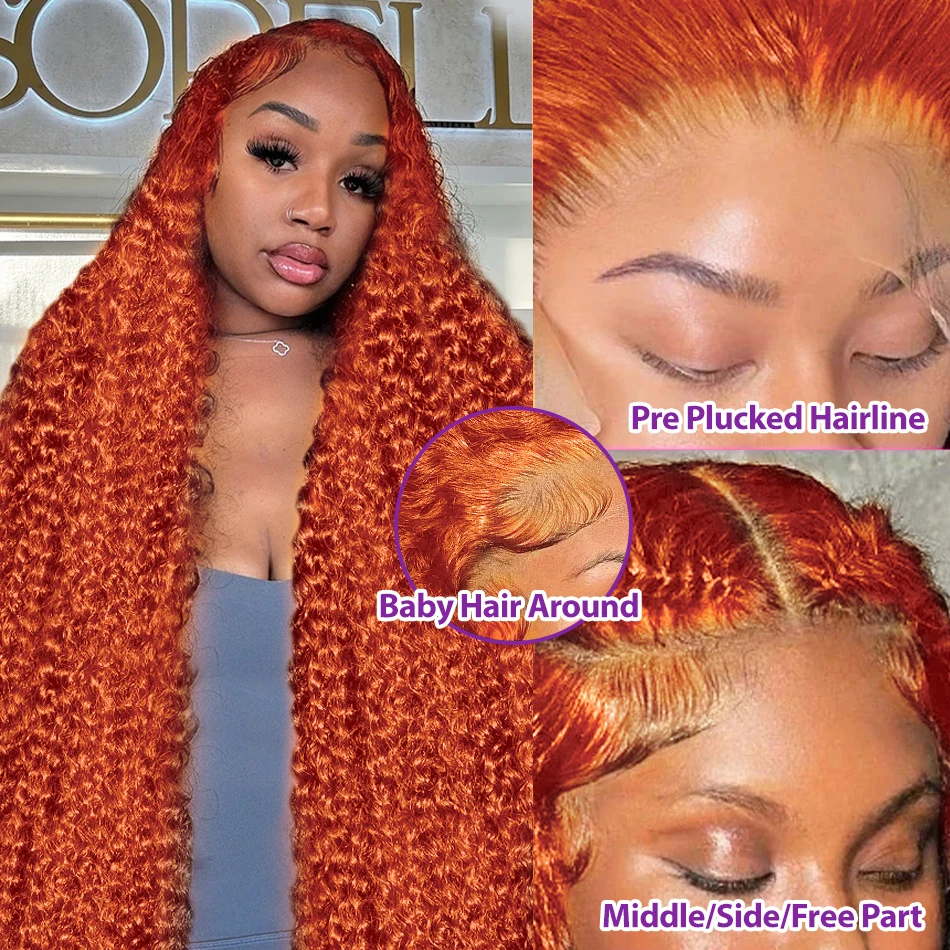 Rosabeauty 30 32 Inch Deep Wave Orange Ginger 13x6 Curly Lace Front Human Hair Wigs 250 Density 13x4 Lace Frontal Wig For Women