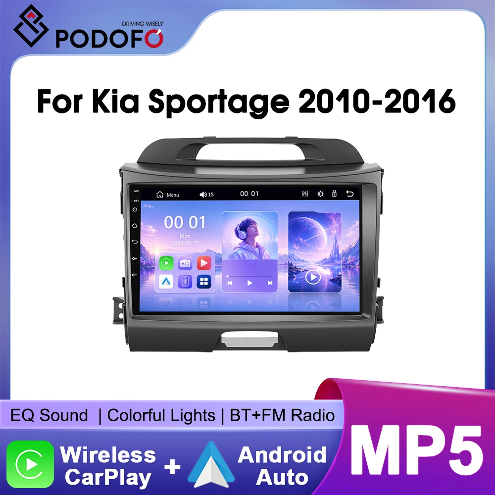 Radio Estéreo para Automóvil Podofo de 9 Pulgadas para Kia Sportage 2010-2016 con CarPlay Inalámbrico, Android Auto, Bluetooth, Mirrorlink, Reproductor Multimedia de Video