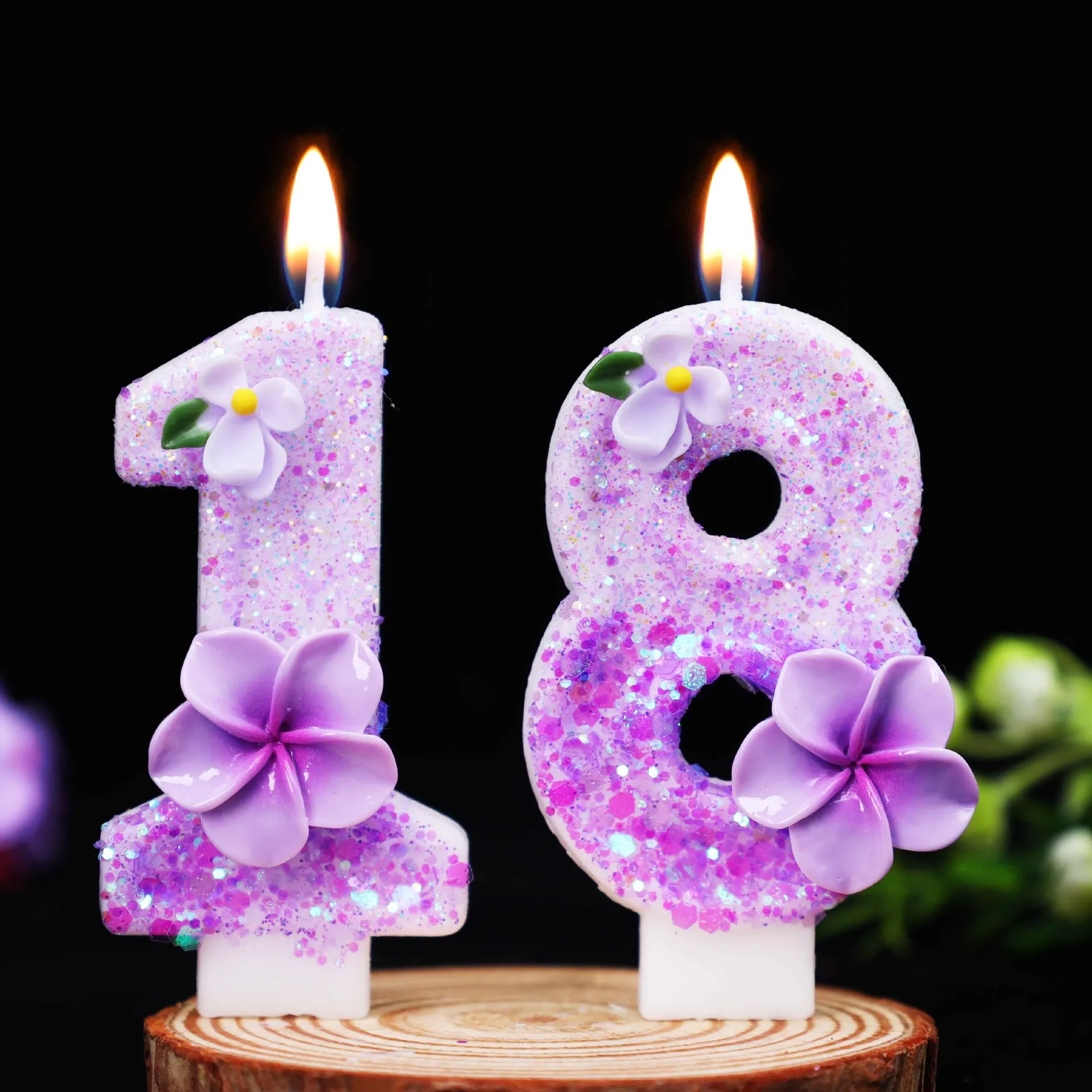Velas de Número con Flores Púrpuras del 0 al 9, Adorno de Pastel de Cumpleaños con Plumeria Brillante, Vela de Número con Temática Floral para Fiesta de Cumpleaños de Niñas, W