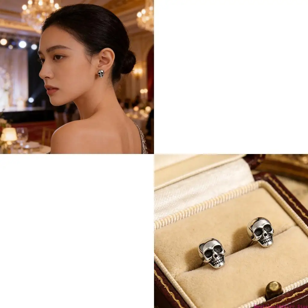 E1PE Edgy Outfit Skull Studs Pair, Vintage Gothic Alloy Jewelry with Back for Party Looks and Daily Dark Styling