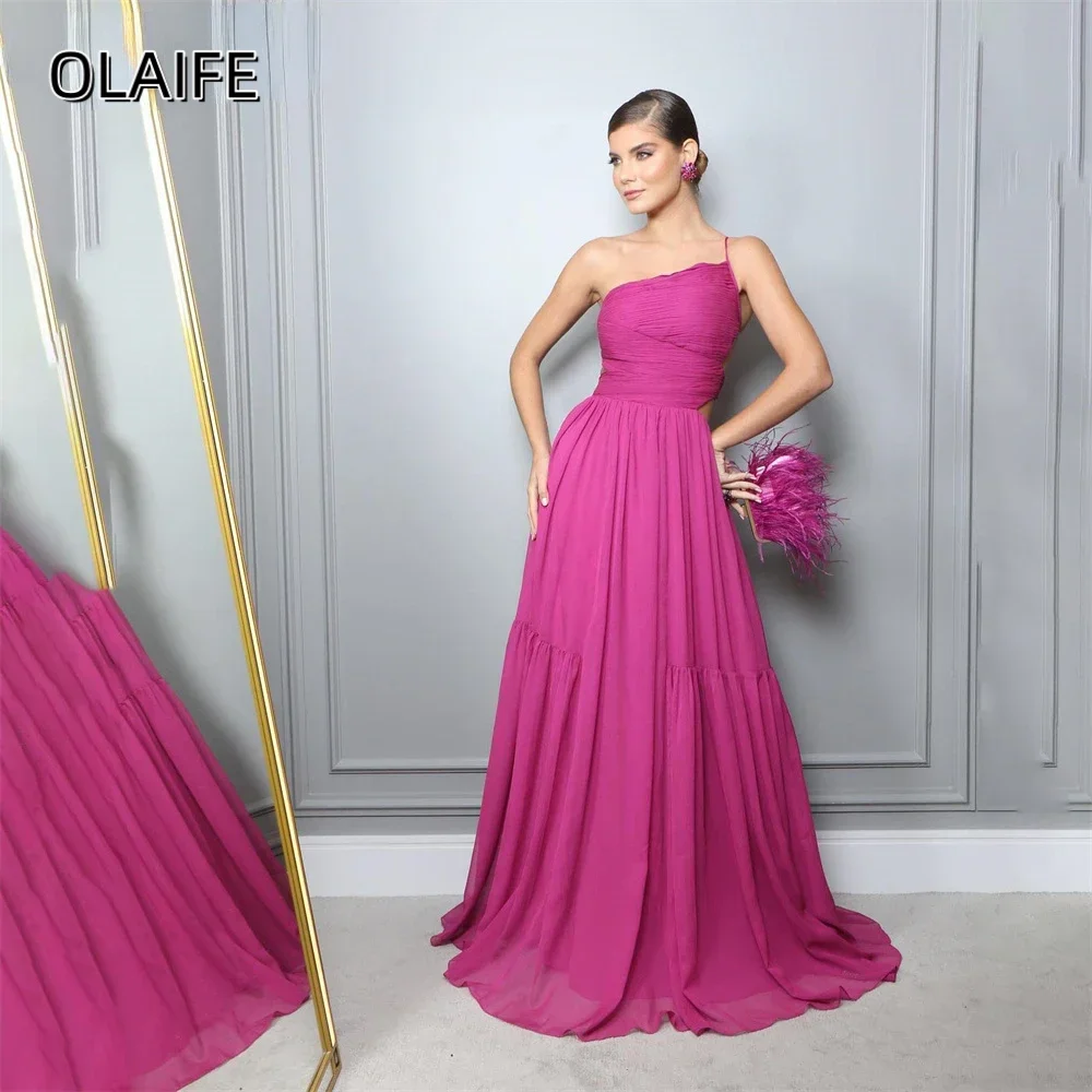 

Chiffon A-Line One-Shoulder Prom Dresses Sweep Train Customized Zipper Sleeveless Dresses For Special Occasions vestidos de gala