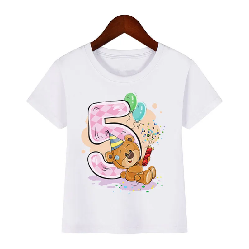 Boy Girl Birthday Bear Number 12 3 4 8 9 Bow Print T shirts Baby Cute Cartoon Funny Round Neck Girls T-shirt Best Birthday Gift