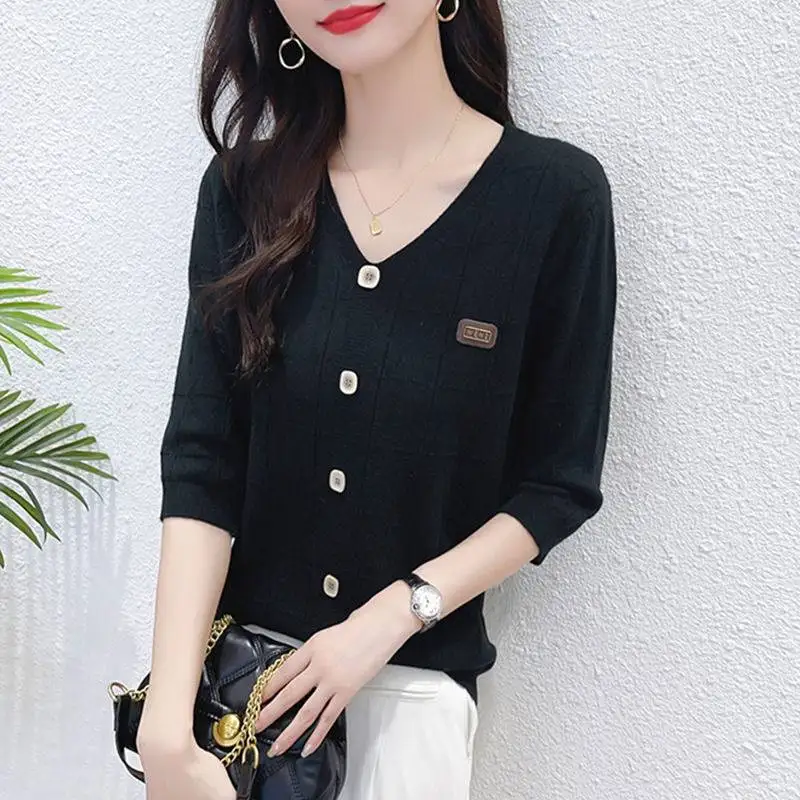 2024 Button autumn winter women's Female Bottoming Cardigan High Quality loose Quarter Sleeves Office Simple V-neck