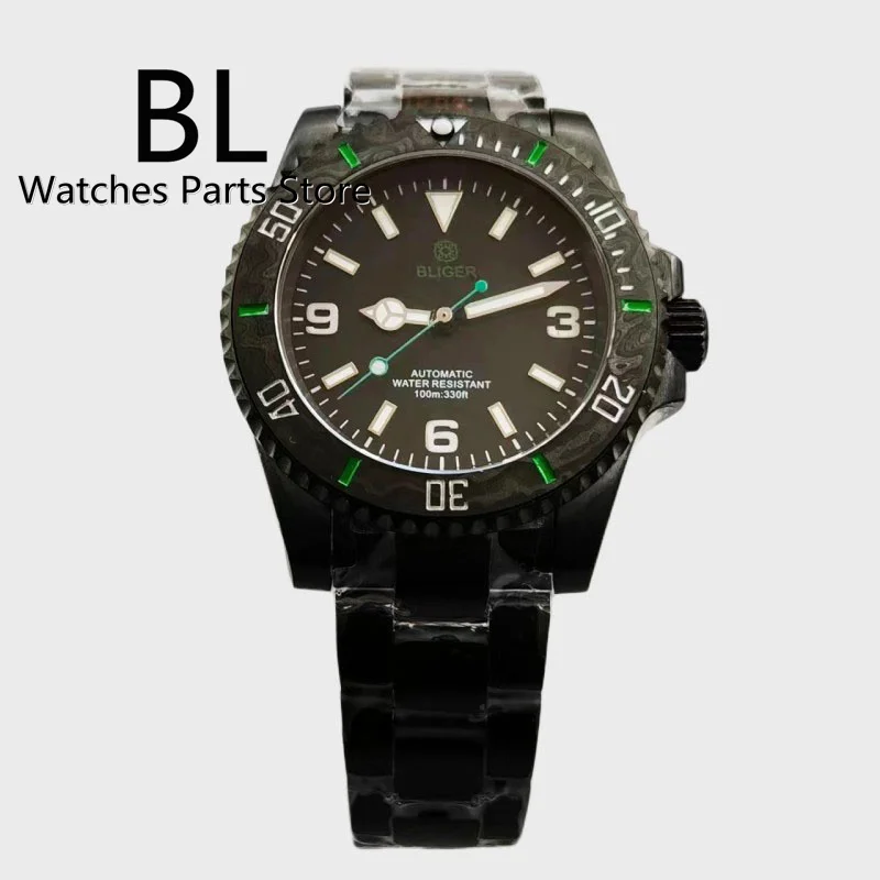 BLIGER 40mm NH35 Automatic Mechanical Wristwatch Men Watch 2813 8215 PT Movement Flat Sapphire Glass Green Second Hand Luminous