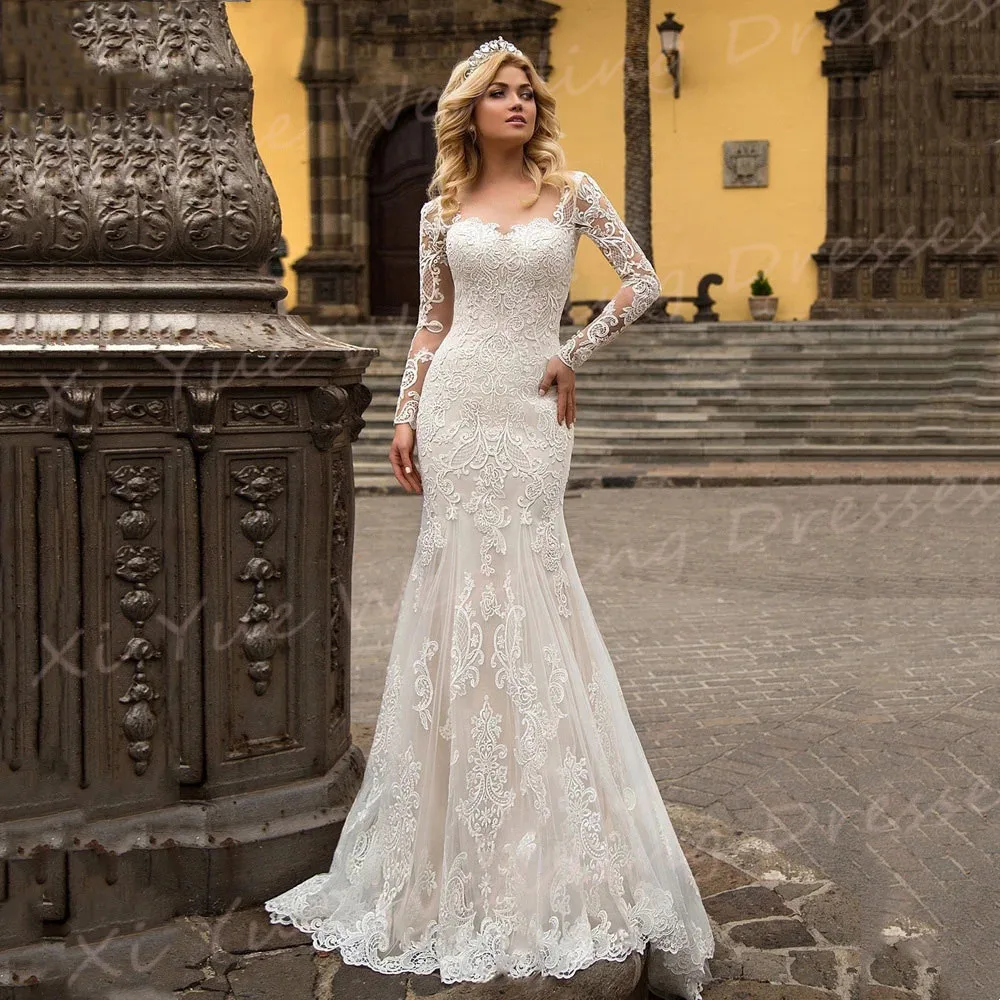 Squisita elegante sirena abiti da sposa classici Appliques di pizzo maniche lunghe abiti da sposa bottone indietro Illusion Vestidos De Novia