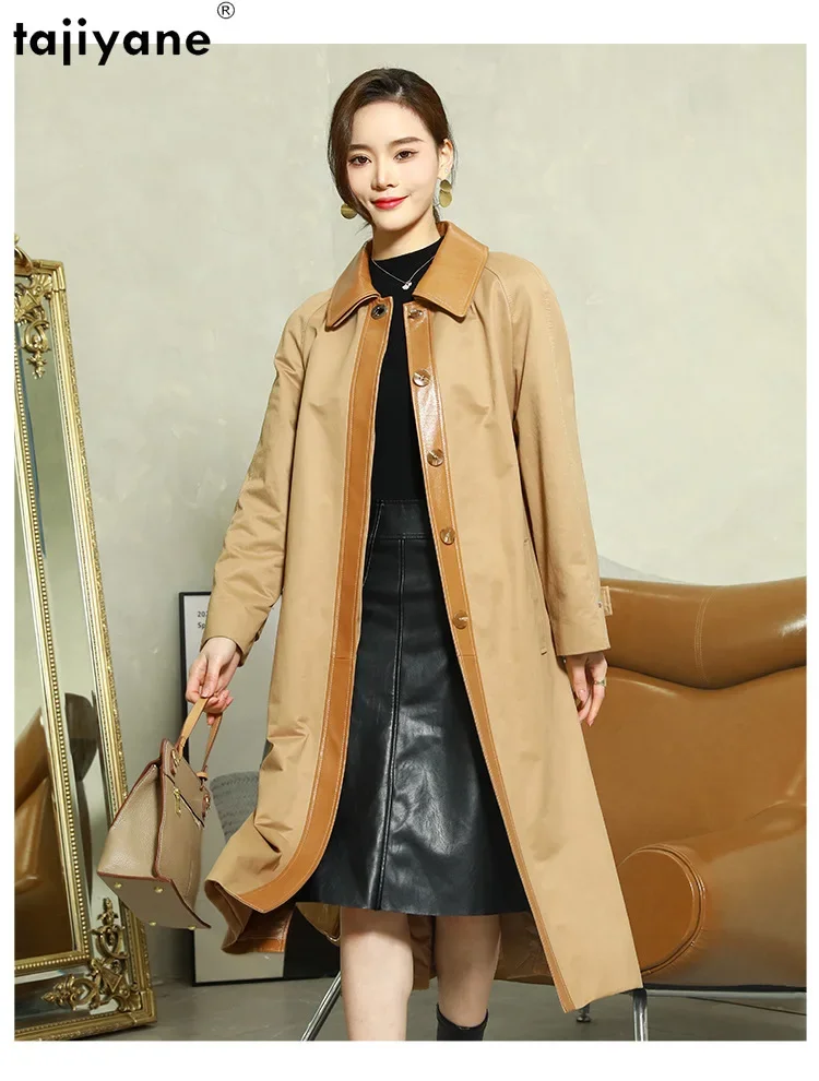 Giacca in vera pelle tagica donna elegante Trench da donna di media lunghezza tinta unita cappotti con giunture in pelle di pecora giacche in pelle