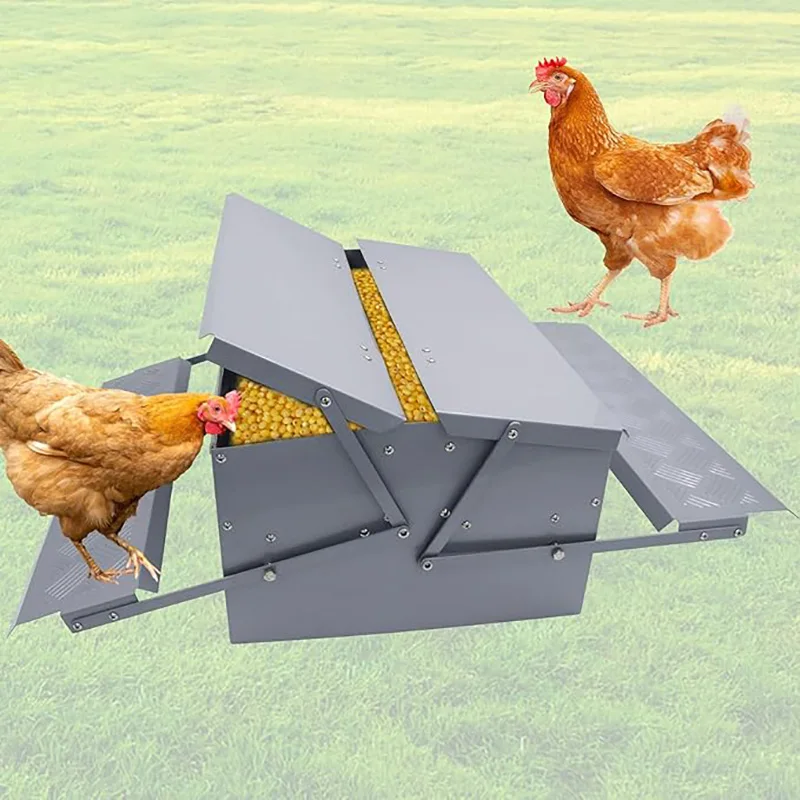 

Automatic Chicken Feeder Treadle Poultry Feeding Trough Plastic Spraying Steel 25lb No Spill for Roosters Duck Goose and Turkey