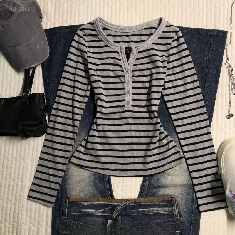 Y2k Clothes Stripes T Shirt For Women Spring Autumn Vintage Ropa De Mujer Versatile Korean Fashion Casual T-shirts