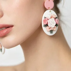 Vintage Romantic Pink White Floral Cluster Polymer Clay Earrings Handmade for Women Spring Holiday Daily Fashion Accessory