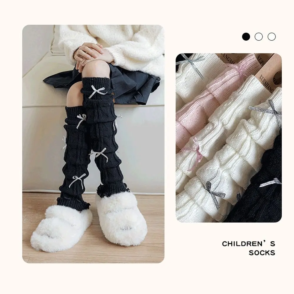 Kawaii Solid Color Leg Warmers Bow Ribbon Lace Trim Foot Cover Ballet Style Knitted Elastic Long Stockings Autumn Winter Season