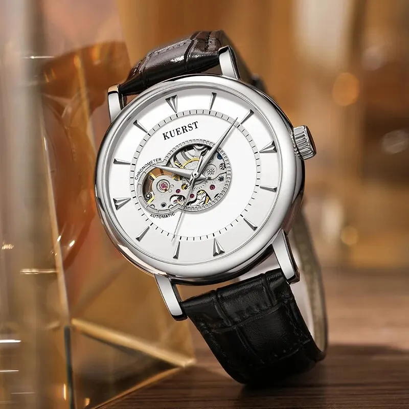 KUERST Trend Business Men S Style Double Round Simple Face Plate Automatic Mechanical Waterproof Hollowed Out Belt Watch Mechani