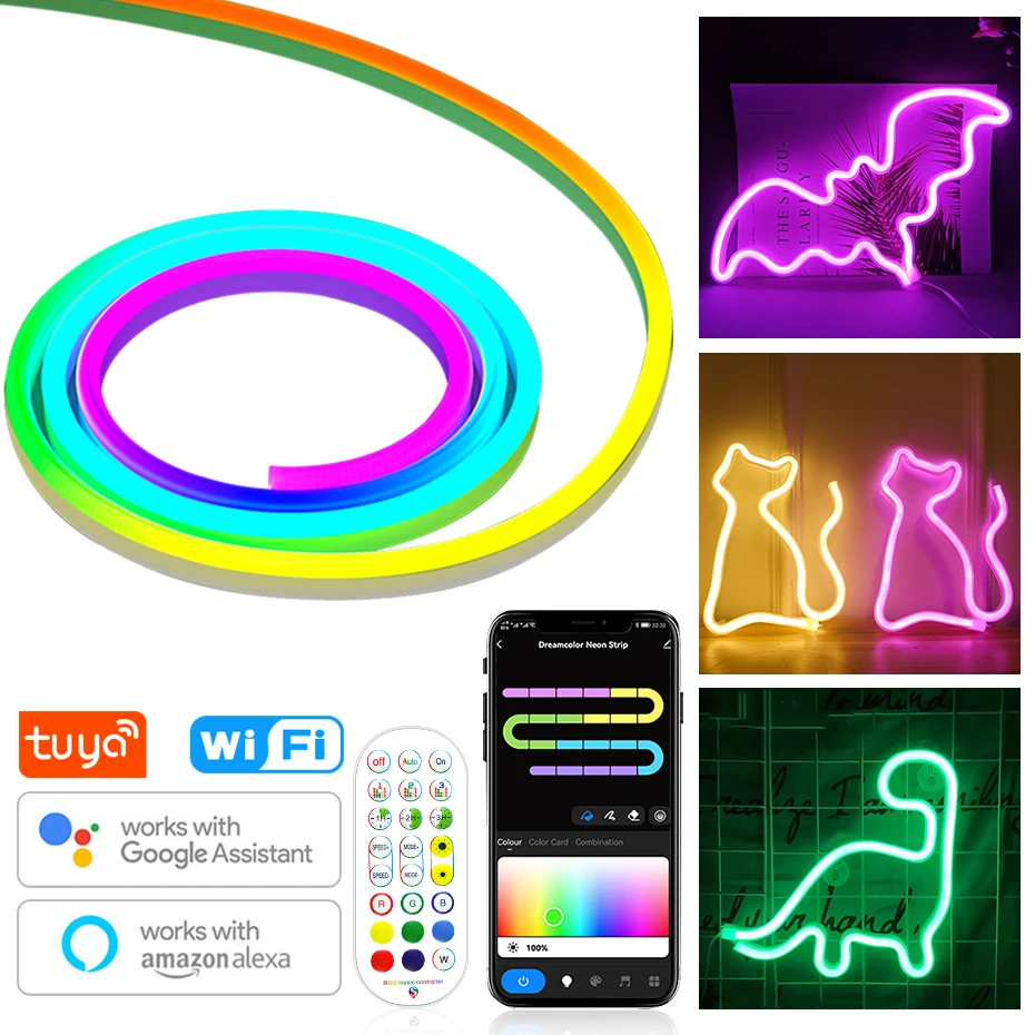 

Smart Life Tuya WiFi RGBIC Неоновый светодиодный светильник 1M 2M 3M 4M 5M Декор комнаты 12V Светодиодная неоновая лента Погоня цвета Работа с Alexa Google Home
