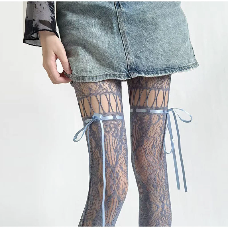 البيج/أسود الدانتيل الجوارب النساء مثير انظر من خلال شبكة شير جوارب شبكية JK موحدة ربطة القوس فيونكة حزام الدانتيل قاع جوارب طويلة