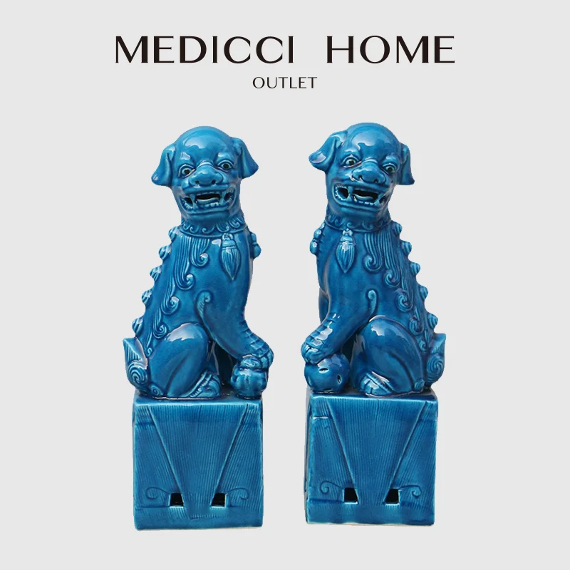 Medicci Home GG Style Mystical Animal Lion Dogs ornamenti in ceramica un paio di articoli per l\'arredamento blu retrò portico Desktop Decor