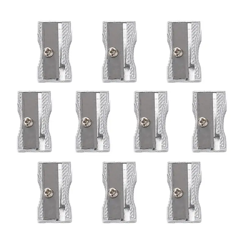 Pequeno alumínio liga Bevel lápis Sharpener, Metal lápis Sharpener, único furo, estudantes e sala de aula, 10 pcs