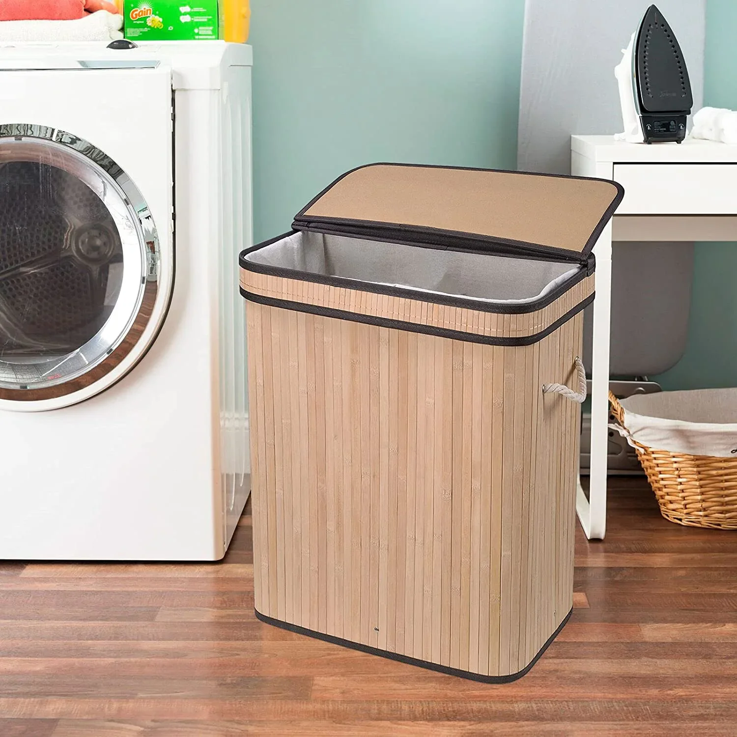 Bamboo Laundry Hamper Foldable Removable Dirty Clothes Basket Multi-purpose with Lid Minimalist Design Portable Storage Baskets