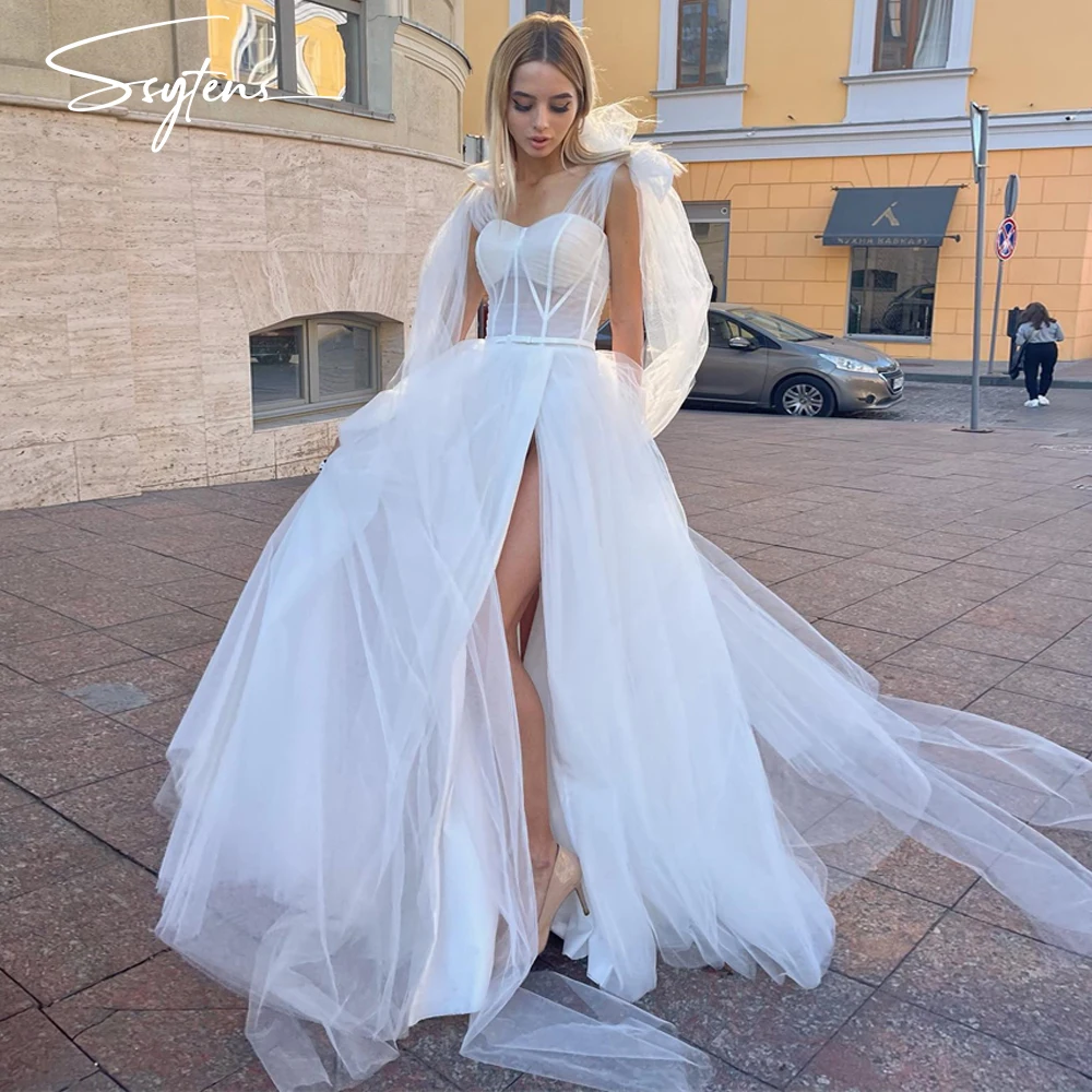 

Charming Beach Wedding Dresses For Woman Spaghetti Straps Tulle Vestidos De Novia Long High Split Vestidos Elegantes Bride Dress