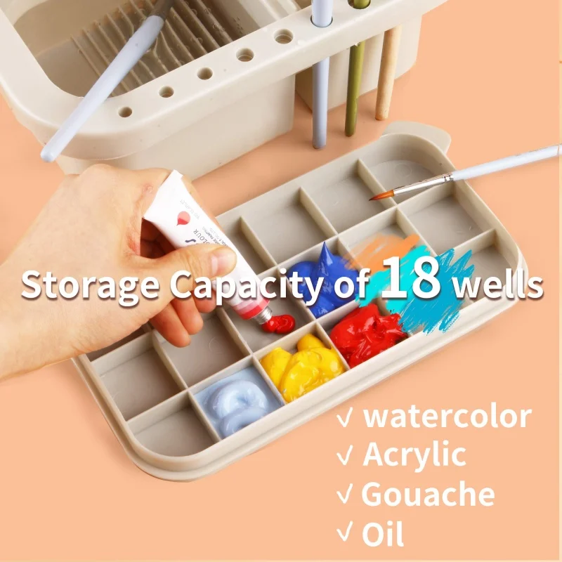 3 IN 1 Multi-Use Paint Brush Basin with Brushes Holder,Washer,Trays,Palette Box Paint Brush Cleaner with Lid Artist Cleaner Cup