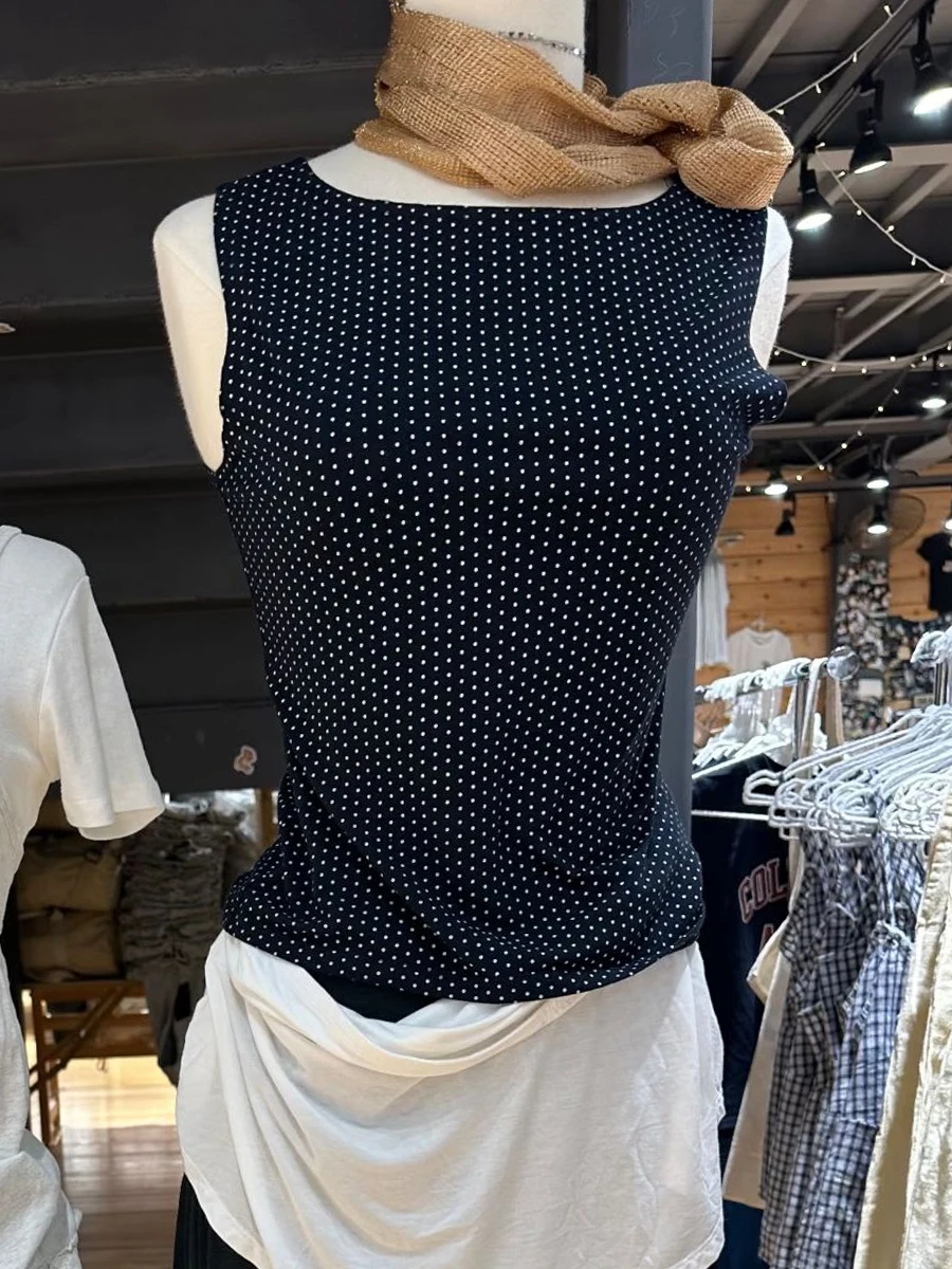 

Темно-синий сетчатый топ на бретелях в горошек, женский летний тонкий топ без рукавов с круглым вырезом, женский французский винтажный элегантный хлопковый жилет, топы Y2k