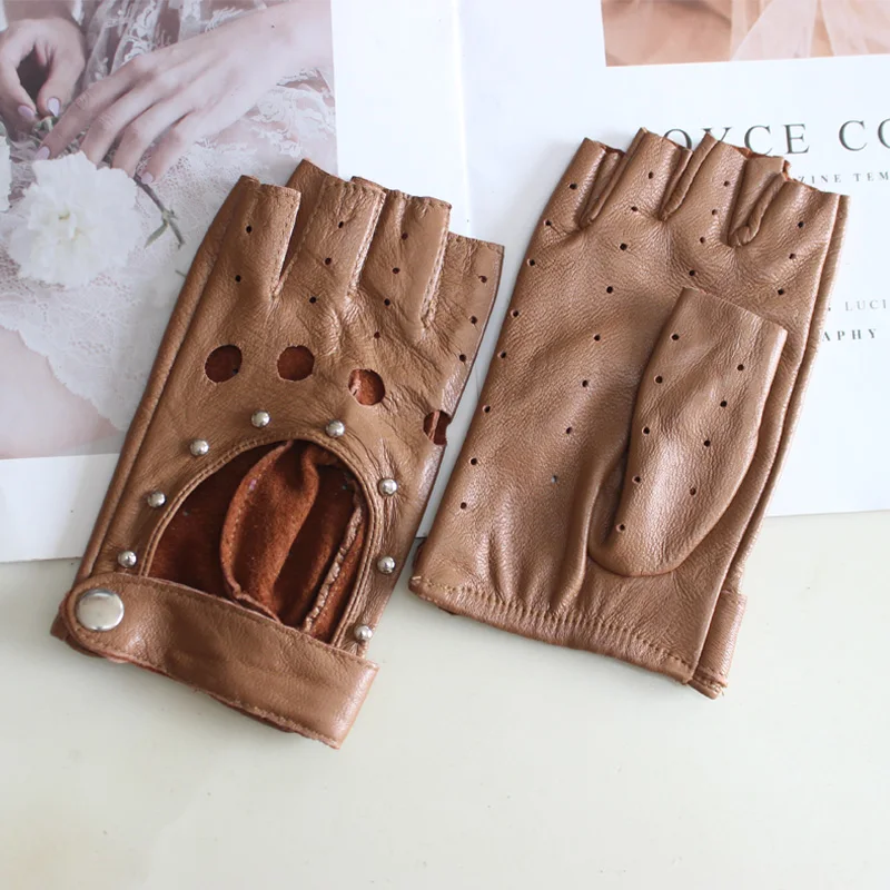 New Women's Sheepskin Half Finger Gloves Thin Style Unlined Rivet Style Colored Genuine Leather Driving Gloves
